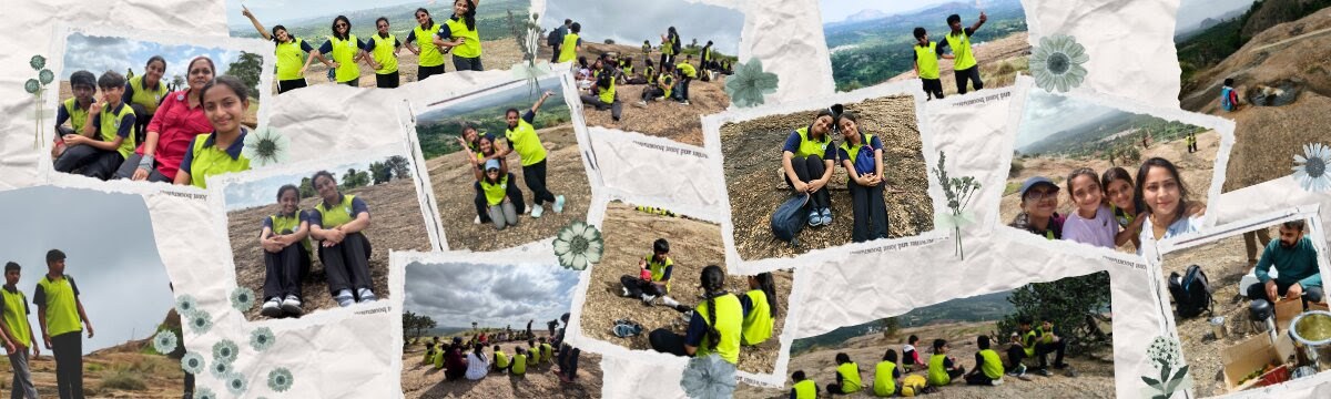 A collage of photographs from the expedition day: climbing, resting and posing together on the rocks.