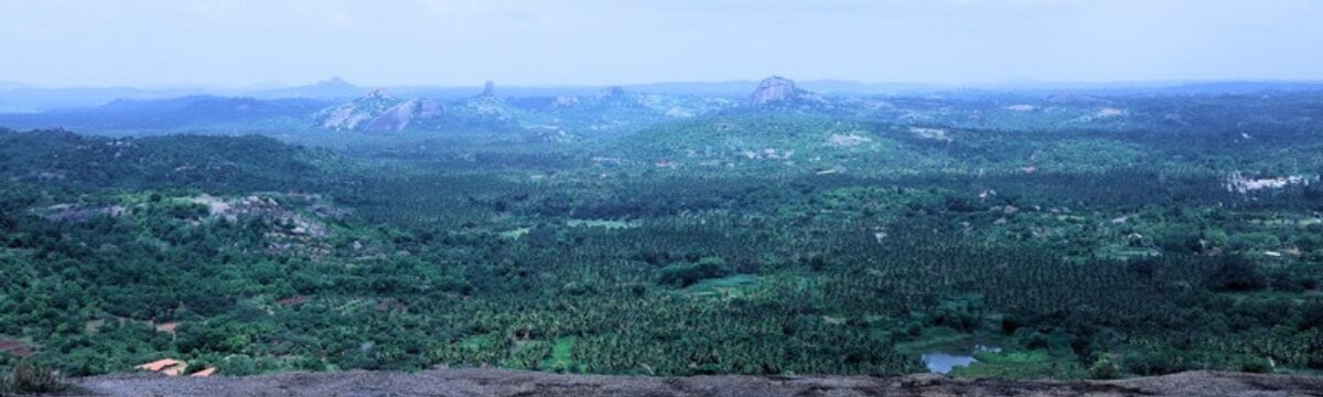 The view from the top of Yathirajaswamy Betta: green plains stretching towards distant hills.