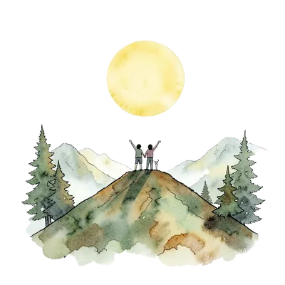 Watercolour illustration of young people on a hilltop facing the rising sun