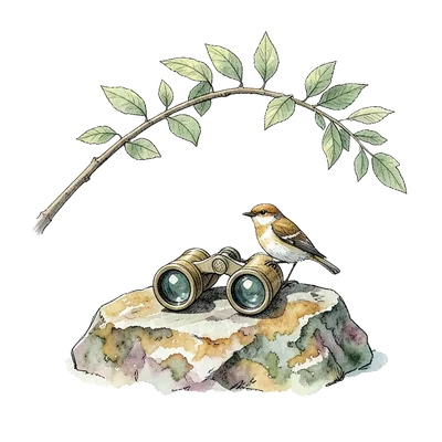 Watercolour illustration of binoculars on a rock with a small bird and leafy branch