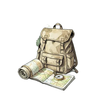 Watercolour illustration of a hiking backpack with a trail map and compass