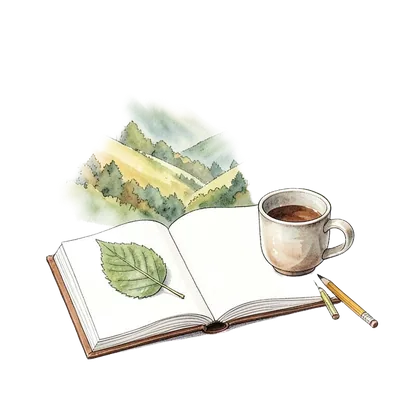 Watercolour illustration of an open nature journal with a mug and a valley beyond