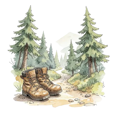 Watercolour illustration of hiking boots on a forest trail