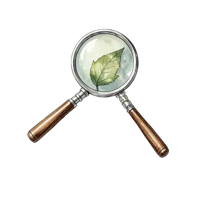 Watercolour illustration of a magnifying glass over a leaf